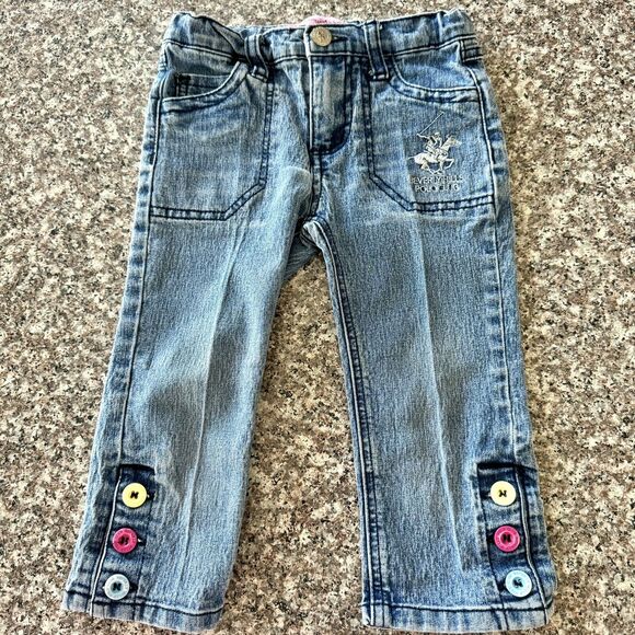 Beverly Hills Polo Club Pony Girls Size 5 Designer Blue Jean Pants Pink Buttons - Picture 1 of 16